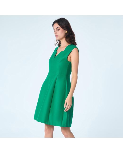 Smart and Joy Green Fit-And-Flare Satin Short Dress Square V Neckline