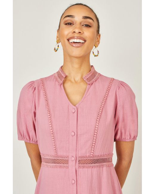 Yumi' Pink Cotton Lace Trim Skater Shirt Dress