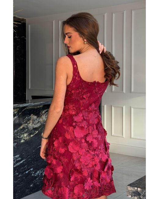 Girl In Mind Red Celeste Floral Square Neck Mini Dress Berry
