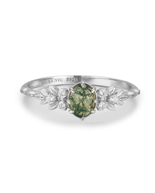 Azura Jewelry New York Green Wildflower Moss Agate Ring Vermeil