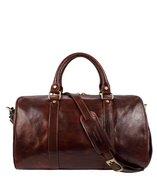 Time Resistance Brown Small Leather Overnight Bag, Duffel Bag