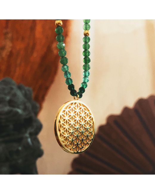 Seven Saints Metallic Joy And Prosperity Flower Of Life Necklace, Aventurine, Spinel, Chrysoprase, All Gender