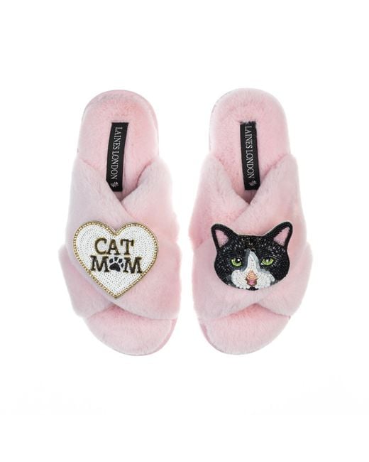 Laines London Pink Classic Laines Slippers With Cat Mum/Mom & Oreo & Shorthair Cat Brooches