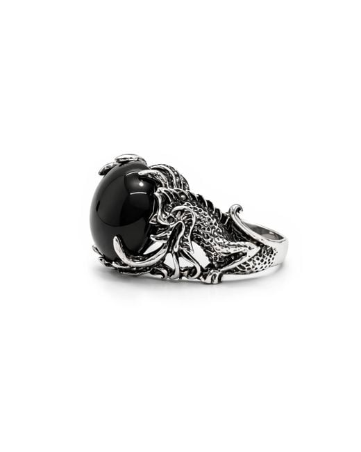 Unaloe Black Sterling Dragon Ring With Onyx for men