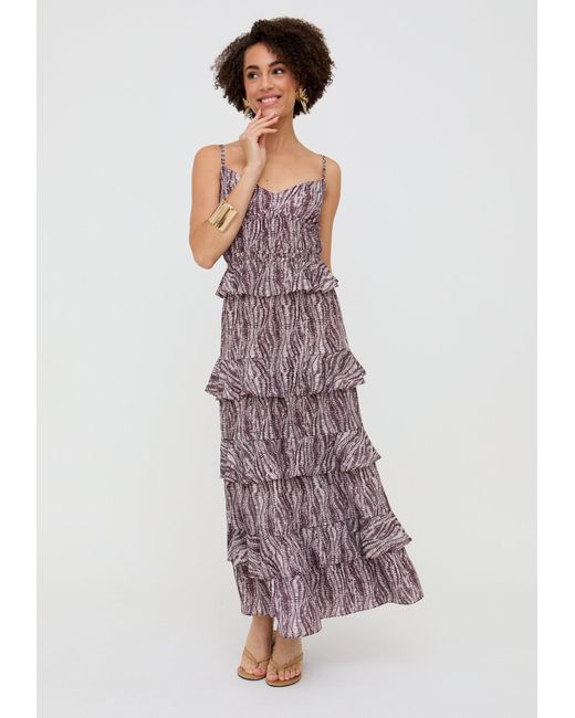 Raffya Brown Tangiers Tiered Line Print Maxi Dress