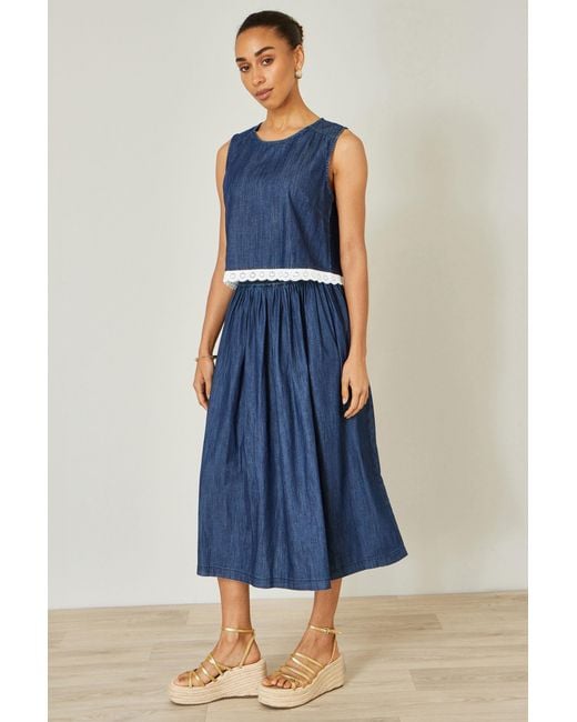 Yumi' Blue Cotton Chambray Top With Lace Trims