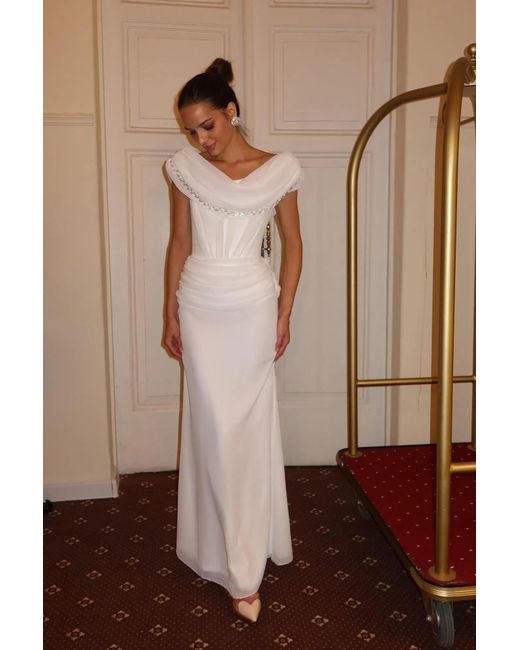 POST MERIDIEM White Chiffon Maxi Skirt With Draping