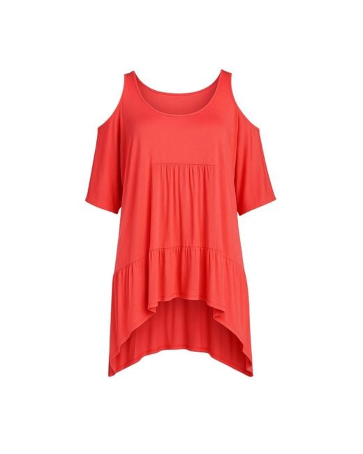 Conquista Red Flowing Cold-Shoulder Tunic With High-Low Hem