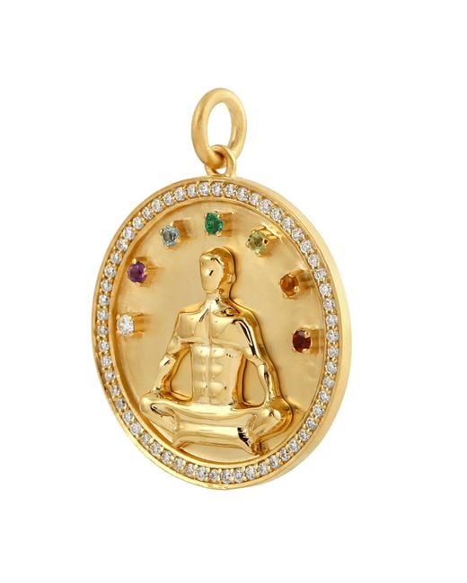 Artisan Metallic 14k Gold Pave Natural Diamond & Mix Stone Rainbow Yoga Chakra Buddha Charm Pendant