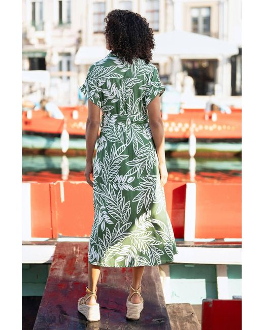 Yumi' Green Leaf Print Viscose Relaxed Midi Shirt Dress