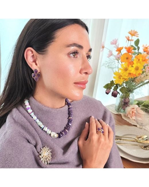 Farra Blue Vibrant Charoite And Colorful Shell With Baroque Pearl Necklace