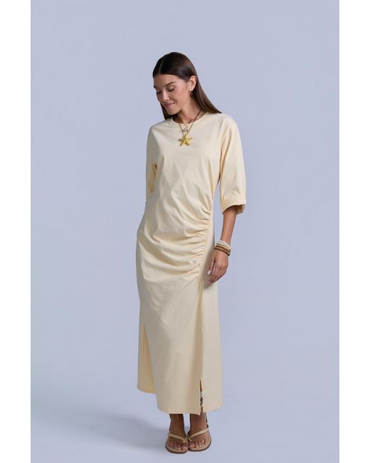 Rave on Trend Yellow Ruched Cotton T-Shirt Dress