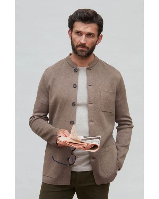Paul James Knitwear Brown Midweight Cotton Jaipur Knitted Nehru Jacket for men
