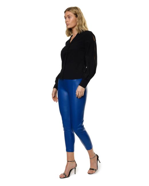 Carloslines Blue V-Neck Bar Tack Long Sleeve Blouse