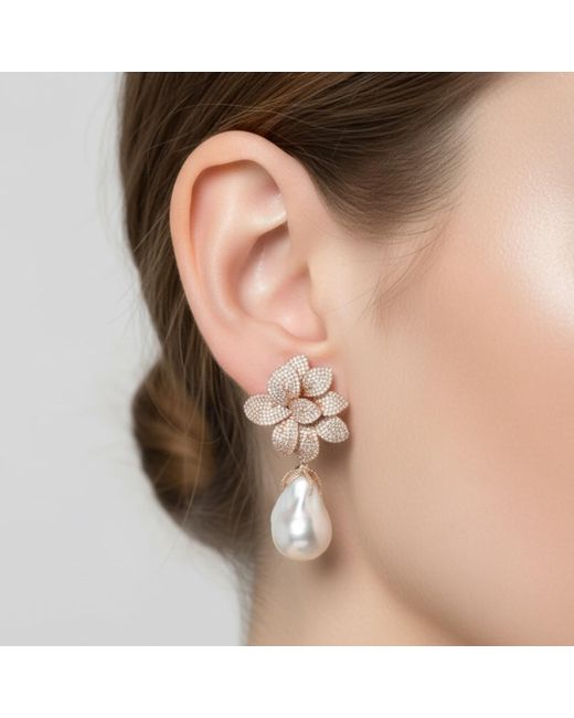 Latelita London Multicolor Rose Amaryllis Flower Baroque Pearl Drop Earrings Rosegold