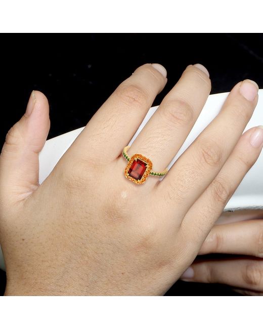 Artisan Orange 18k Yellow Gold Red Garnet Tsavorite Handmade Cocktail Ring