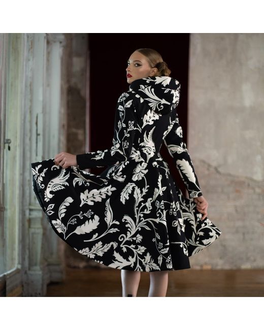 RainSisters Hooded Black And White Waterproof Women's Coat With Floral Print: Blooming Night