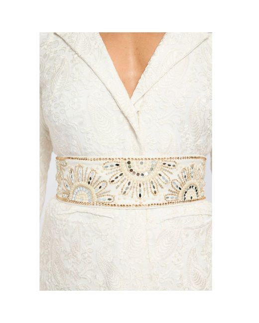 International Appeal White Paisley Blazer With Embellished Waisted Belt