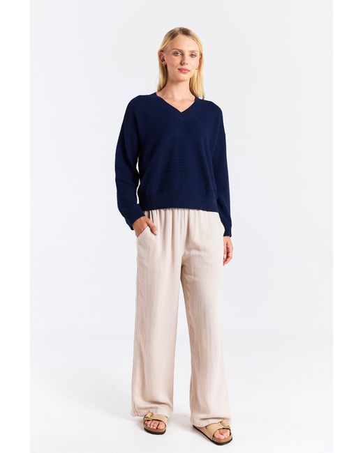 Brodie Cashmere Blue Rippled Stitch V Neck