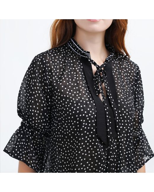 Smart and Joy Gray Polka Dots Tulip Sleeves Chiffon Blouse