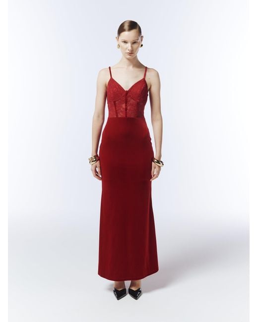 Sour Figs Red Sheer Lace Corset Velvet Maxi Dress