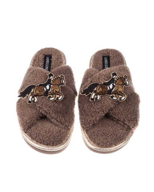 Laines London Brown Neutrals Neutral Boucle Slippers With Dressage Horse Brooches
