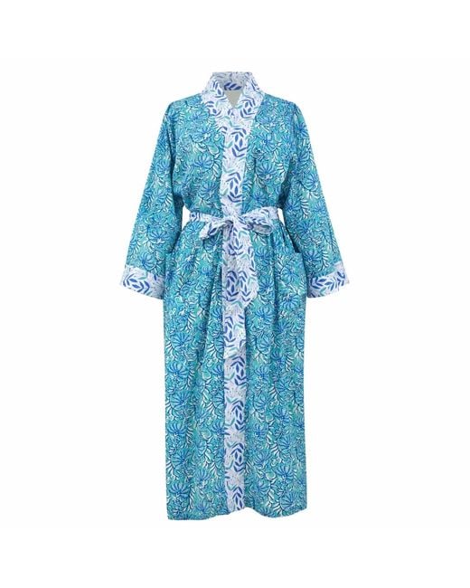 Lime Tree Design Blue Cotton Full Length Kimono