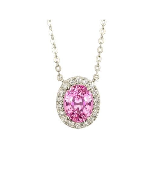 Juvetti Pink Mina Oval Sapphire & Diamond Halo Necklace