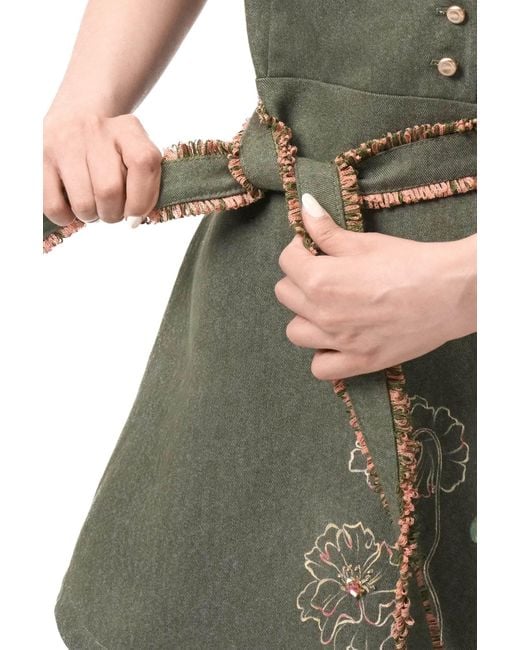 Rondooz Green Hand Painted Denim Mini Dress With Hand Applied Embellishment