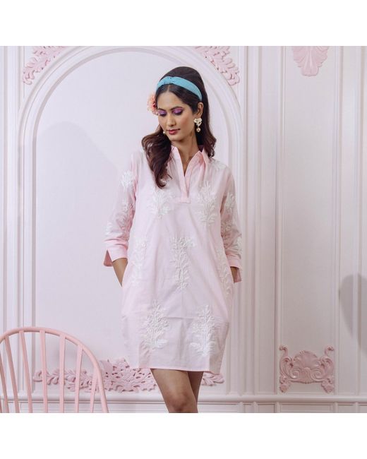 NoLoGo-chic Pink Short Tourist Dress With Embroidery Cotton Pale