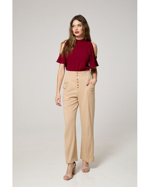 K-Win London Natural Neutrals Elegant High-Waist Wide-Leg Trousers With Adjustable Slits