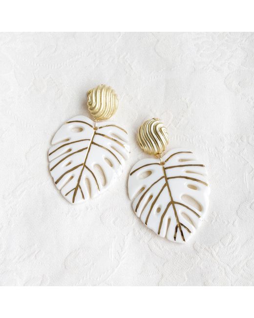 POPORCELAIN Metallic Golden Monstera Leaf Statement Earrings