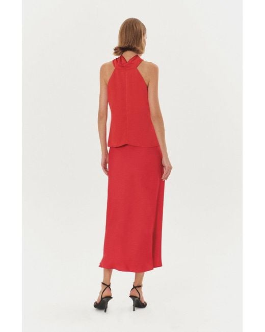 Exquise Red Brandon Knot Detailed Satin Blouse –