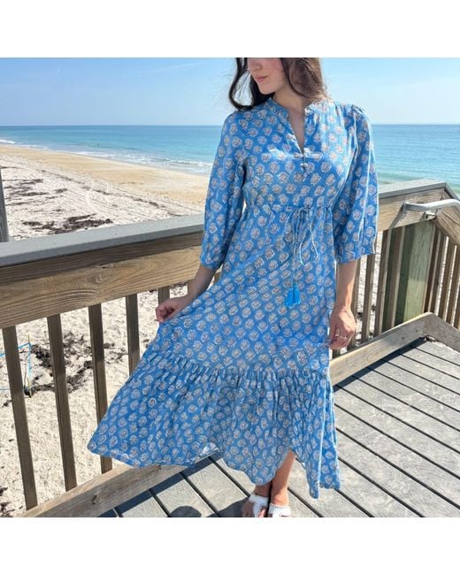 Pick Happy Blue Mermaid Maxi Dress Botanical Azure Handblock Cotton