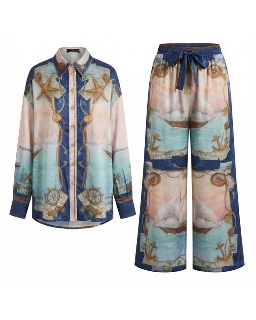 Cy Boutique Blue Ocean Treasure Print Relaxed Shirt & Wide-Leg Trousers Co-Ord Set
