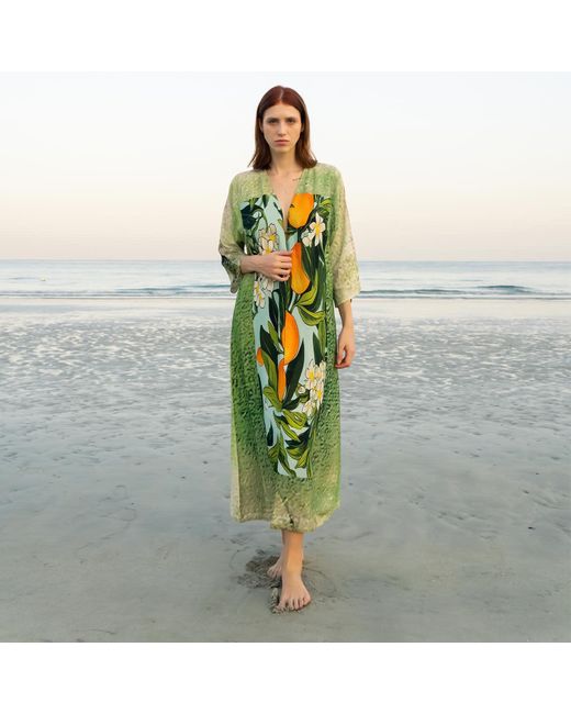 DHARA SHETH DUBAI Green Fleur & Fruit Vintage Long Kimono