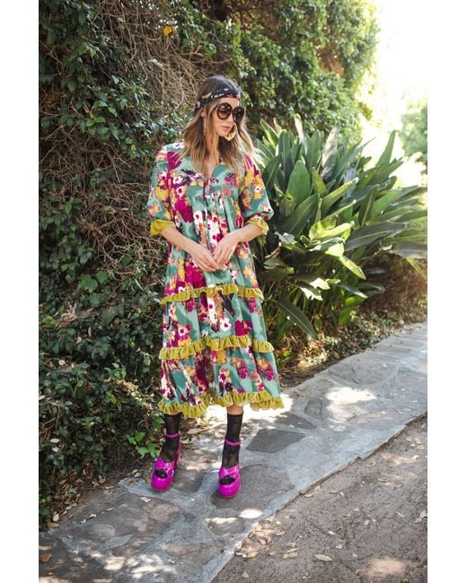 Jennafer Grace Blue Fuchsia Fae Velvet Ruffle Maxi Dress