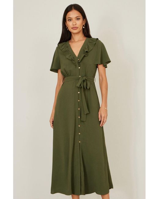 Yumi' Green Ruffle Collar Midi Shirt Dress