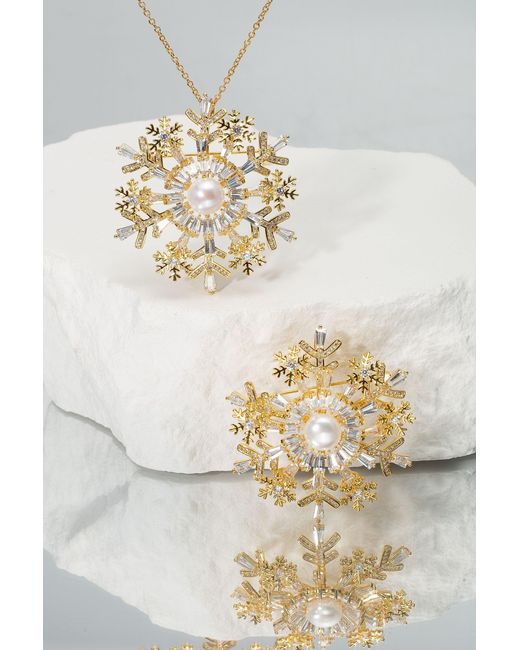 Classicharms Metallic Pavé & Pearl Snowflake Brooch Necklace Set