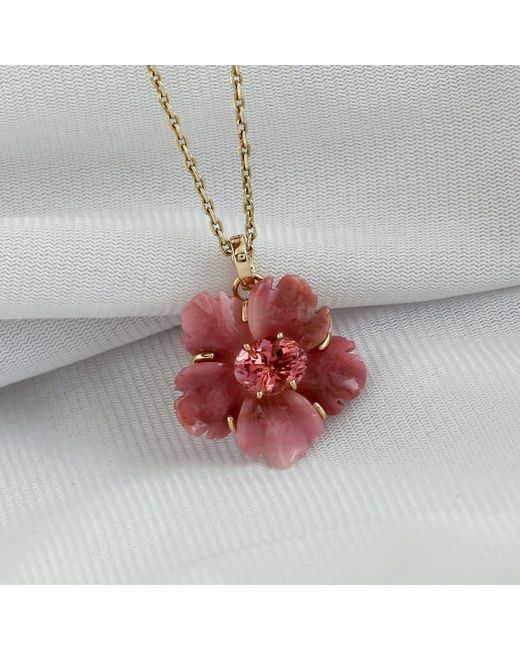 Artisan Red 14K Carved Onyx & Tourmaline Flower Pendant