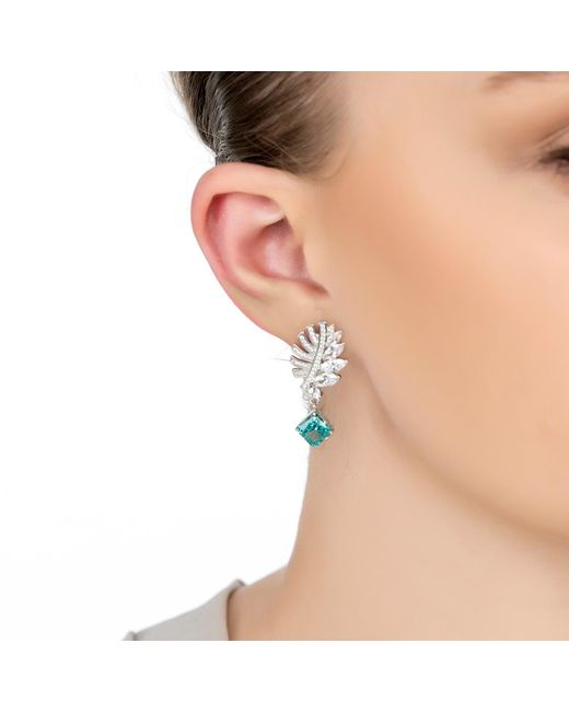 Latelita London White Palm Leaf Aquamarine Drop Earrings