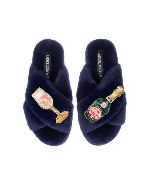 Laines London Blue Classic Laines Slippers With Champagne & Glass Brooches