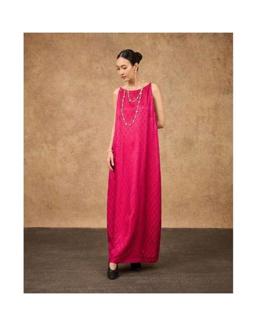 Silk and Bears Pink Aurora Fuchsia Damask Hand-Dyed Silk Jacquard Maxi Dress