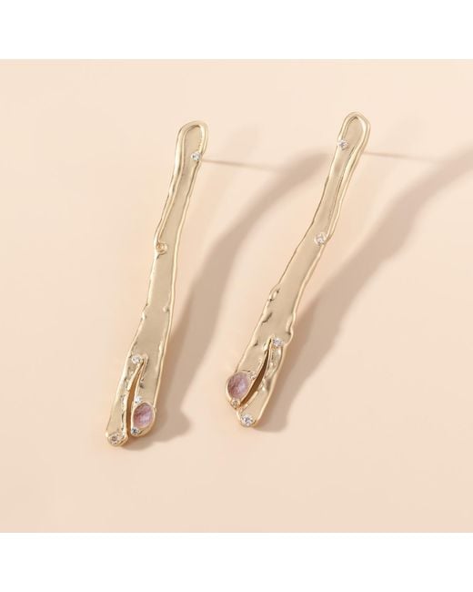 Rare Matters Jewelry Metallic Natural Asymmetry Strawberry Quartz Linear Earrings