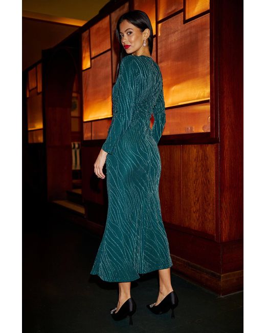 Yumi' Mesh Fitted Ruched Midi Dress With Long Sleeves in Green | Lyst Yumi' Mesh Fitted Ruched Midi Dress With Long Sleeves in Green | Lyst
