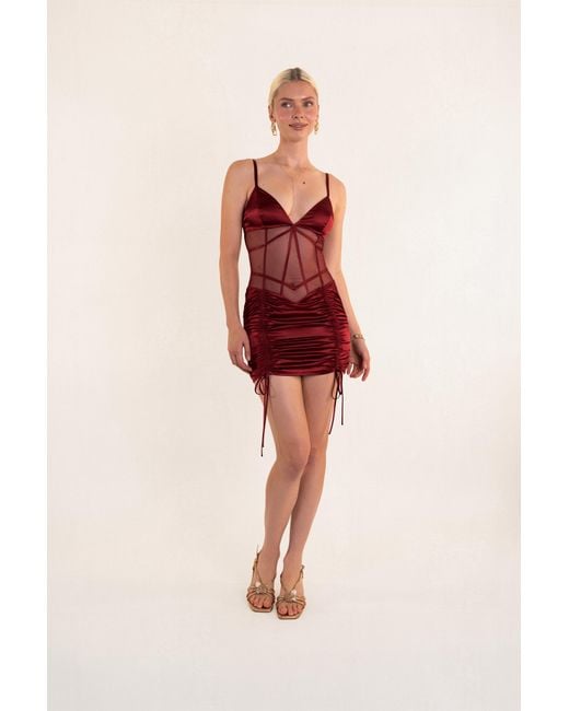 Clerestory Red Amarante Ruched Mesh-Waist Mini Dress