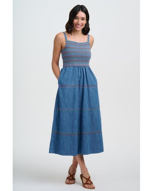 Sugarhill Blue Murren Shirred Midi Dress Washed Denim