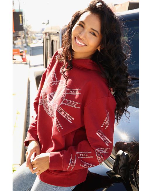 Miracles Manifester Red God First Affirmation Hoodie With Rhinestone Design
