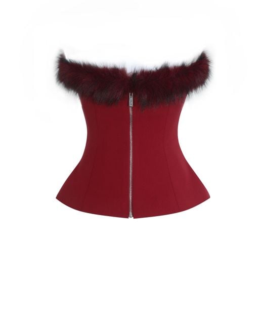 Miss Circle New York Red Ivette Crimson Fur-Trimmed Peplum Top
