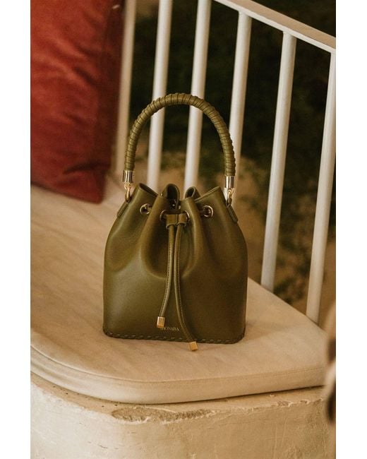 Saonara Brand Green Bucket Bag Khaki Leather
